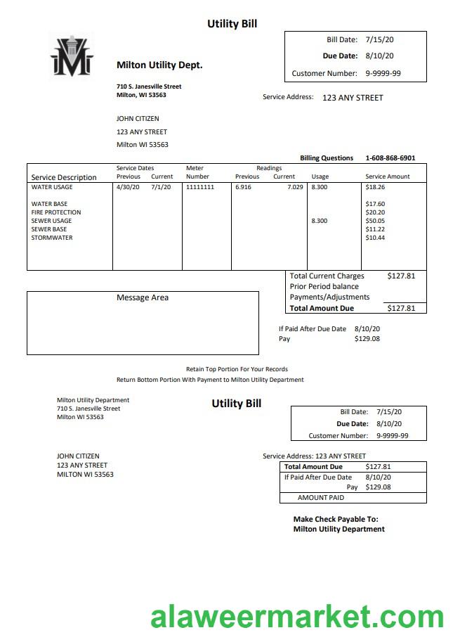 USA Massachusetts Milton Utility Dept water utility bill template in Word and PDF format